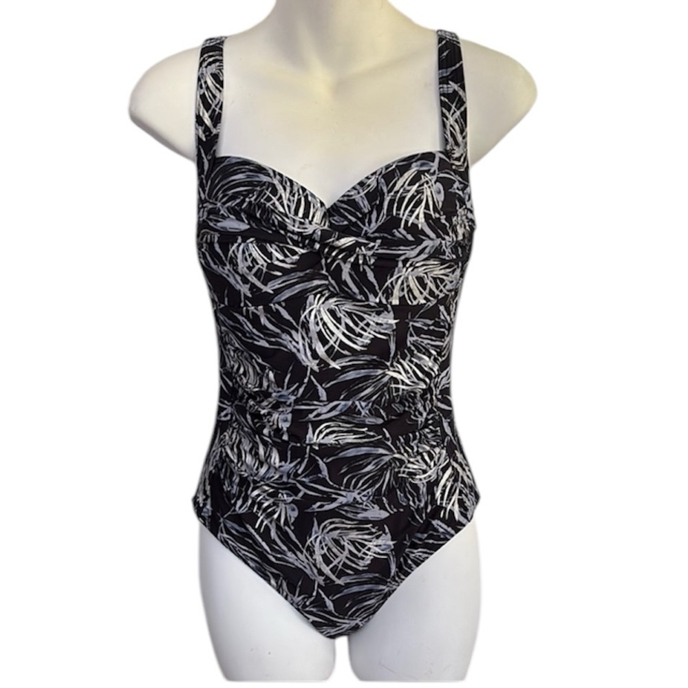 Nip Tuck One Piece Swimsuit Navy Blue Palm Foil Tummy Control Women’s 10